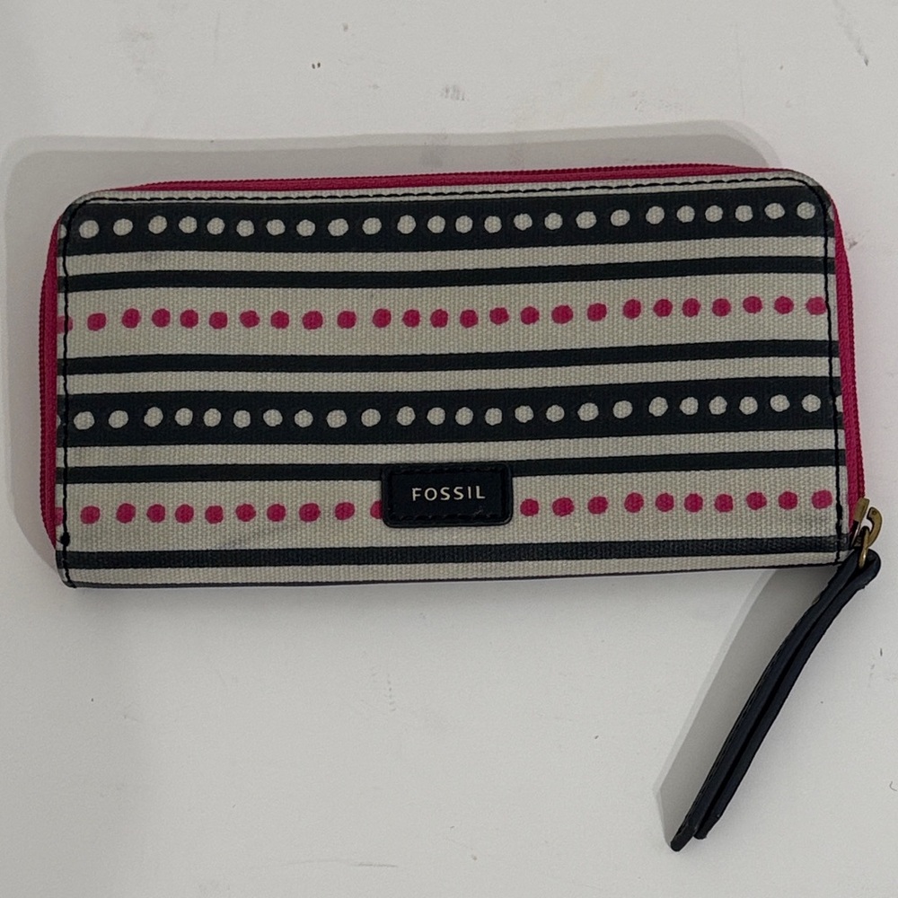 FOSSIL Zip Around Clutch Wallet 8 Slot Striped Polka Dot Pattern Artsy